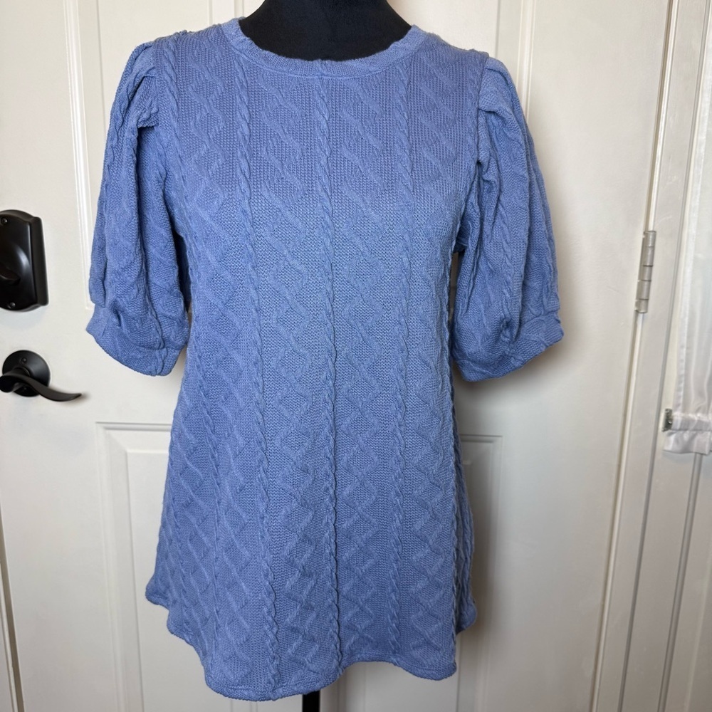 NWT Cupio Pleated Puff Short Sleeve Blue Cable Knit Top Sweater Sz Small